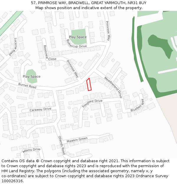 57, PRIMROSE WAY, BRADWELL, GREAT YARMOUTH, NR31 8UY: Location map and indicative extent of plot