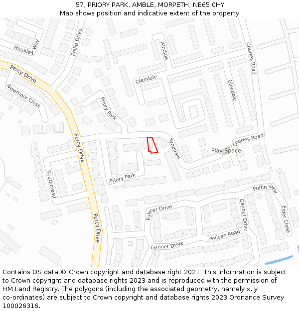 57, PRIORY PARK, AMBLE, MORPETH, NE65 0HY: Location map and indicative extent of plot