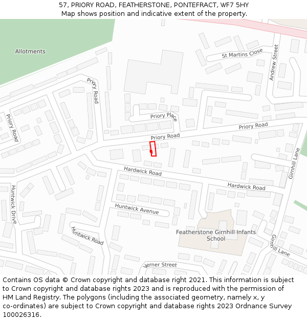 57, PRIORY ROAD, FEATHERSTONE, PONTEFRACT, WF7 5HY: Location map and indicative extent of plot