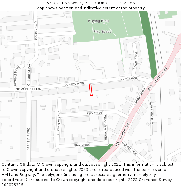 57, QUEENS WALK, PETERBOROUGH, PE2 9AN: Location map and indicative extent of plot
