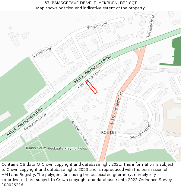 57, RAMSGREAVE DRIVE, BLACKBURN, BB1 8QT: Location map and indicative extent of plot
