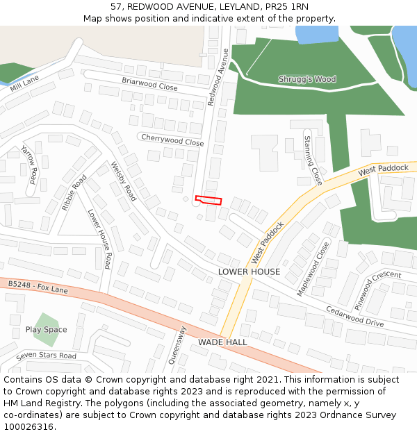 57, REDWOOD AVENUE, LEYLAND, PR25 1RN: Location map and indicative extent of plot