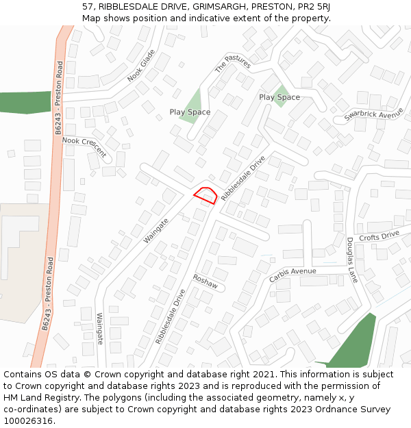 57, RIBBLESDALE DRIVE, GRIMSARGH, PRESTON, PR2 5RJ: Location map and indicative extent of plot