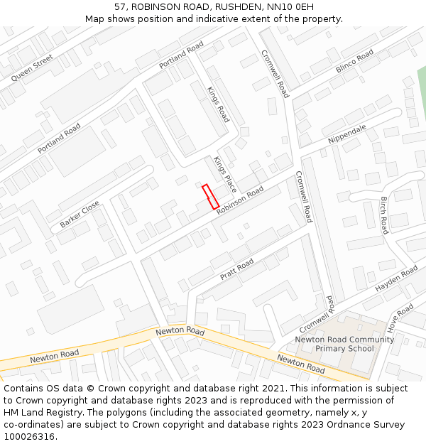 57, ROBINSON ROAD, RUSHDEN, NN10 0EH: Location map and indicative extent of plot