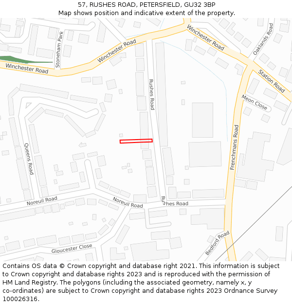 57, RUSHES ROAD, PETERSFIELD, GU32 3BP: Location map and indicative extent of plot
