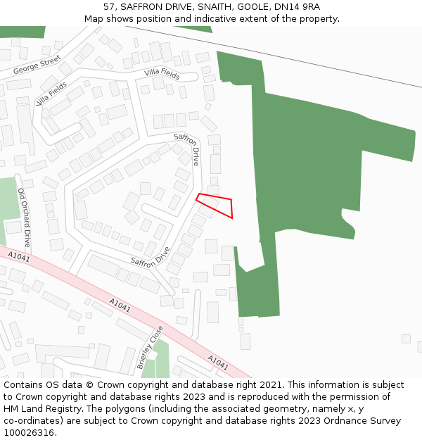 57, SAFFRON DRIVE, SNAITH, GOOLE, DN14 9RA: Location map and indicative extent of plot