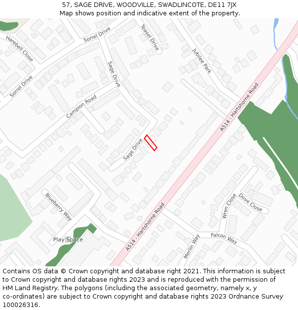 57, SAGE DRIVE, WOODVILLE, SWADLINCOTE, DE11 7JX: Location map and indicative extent of plot