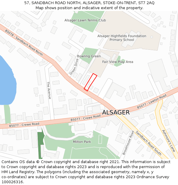 57, SANDBACH ROAD NORTH, ALSAGER, STOKE-ON-TRENT, ST7 2AQ: Location map and indicative extent of plot