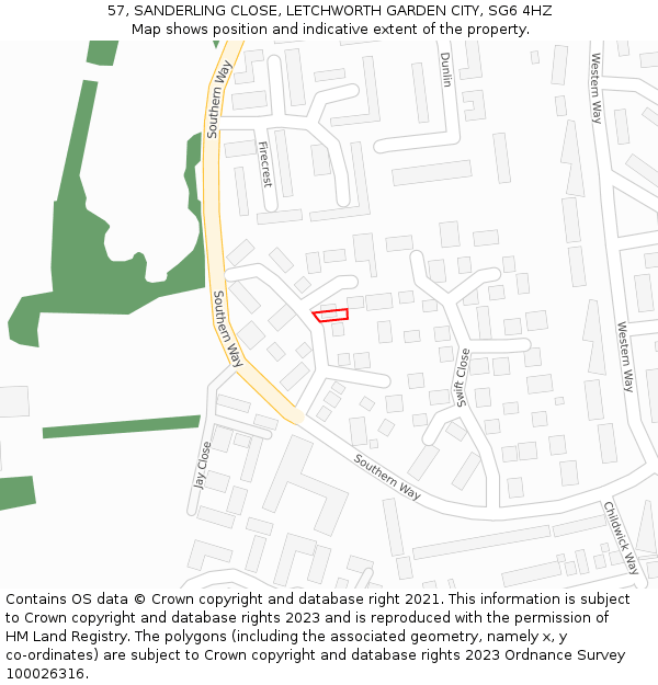 57, SANDERLING CLOSE, LETCHWORTH GARDEN CITY, SG6 4HZ: Location map and indicative extent of plot