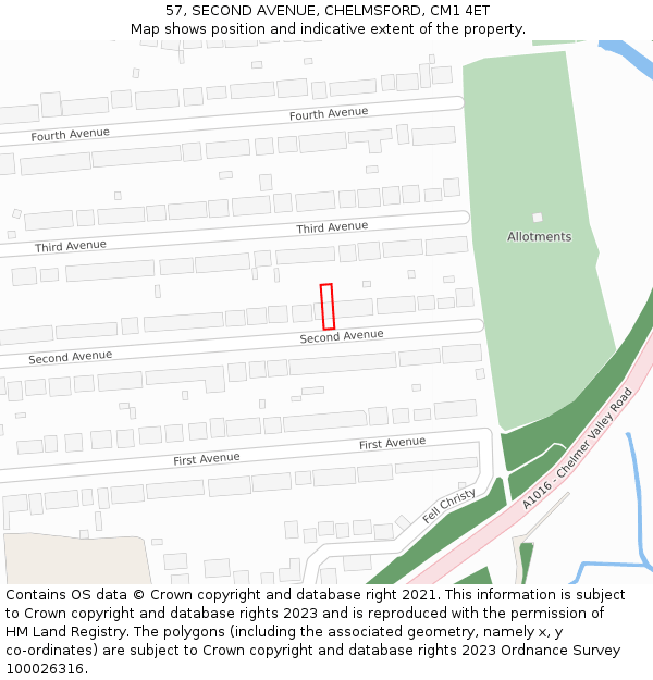 57, SECOND AVENUE, CHELMSFORD, CM1 4ET: Location map and indicative extent of plot