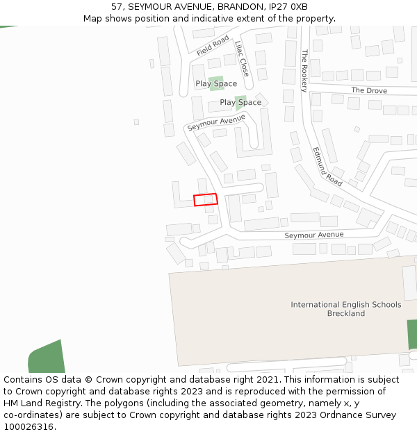 57, SEYMOUR AVENUE, BRANDON, IP27 0XB: Location map and indicative extent of plot