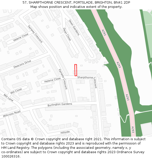 57, SHARPTHORNE CRESCENT, PORTSLADE, BRIGHTON, BN41 2DP: Location map and indicative extent of plot