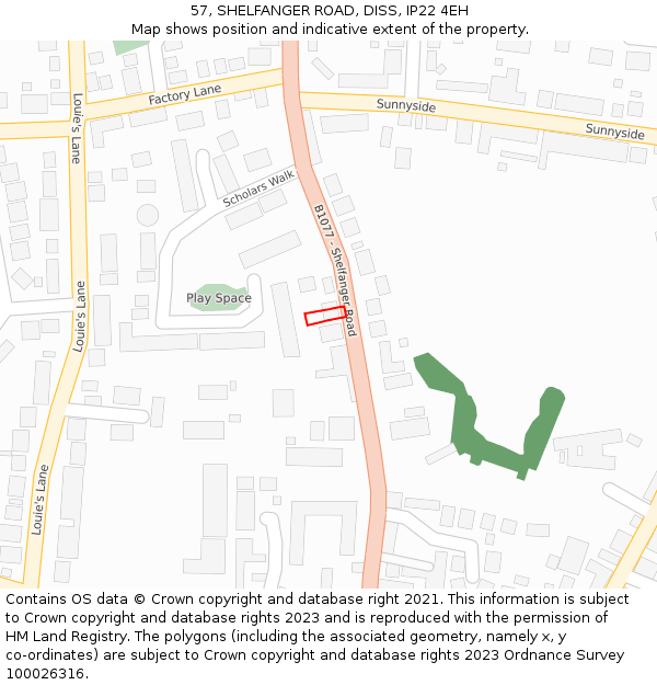 57, SHELFANGER ROAD, DISS, IP22 4EH: Location map and indicative extent of plot