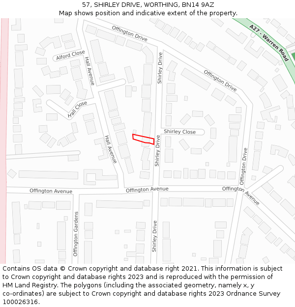 57, SHIRLEY DRIVE, WORTHING, BN14 9AZ: Location map and indicative extent of plot
