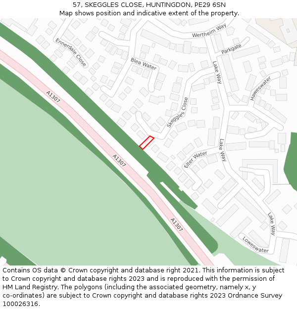 57, SKEGGLES CLOSE, HUNTINGDON, PE29 6SN: Location map and indicative extent of plot
