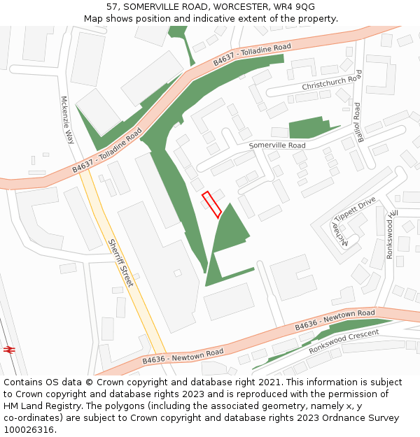 57, SOMERVILLE ROAD, WORCESTER, WR4 9QG: Location map and indicative extent of plot