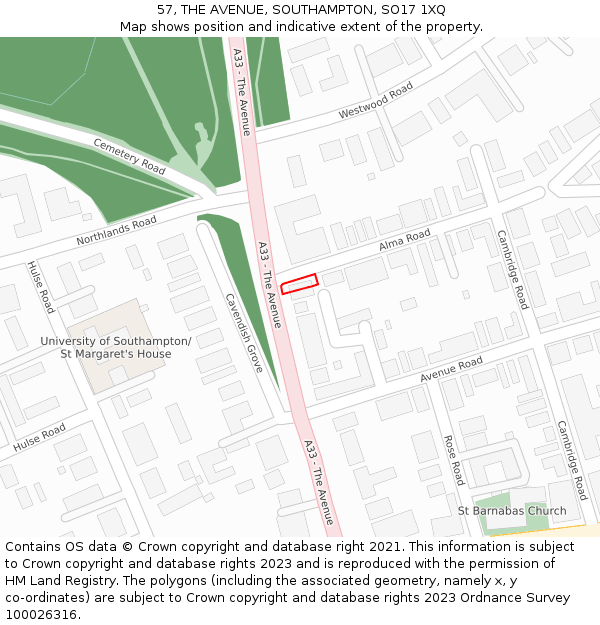 57, THE AVENUE, SOUTHAMPTON, SO17 1XQ: Location map and indicative extent of plot