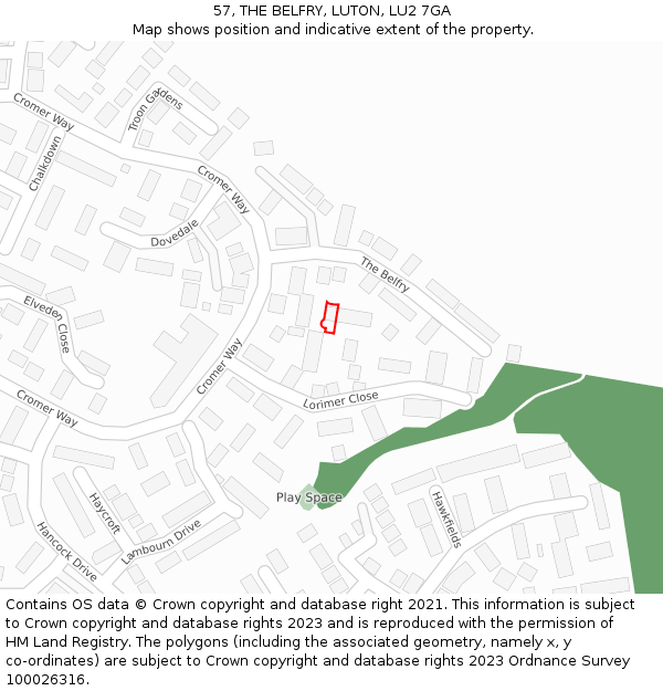 57, THE BELFRY, LUTON, LU2 7GA: Location map and indicative extent of plot