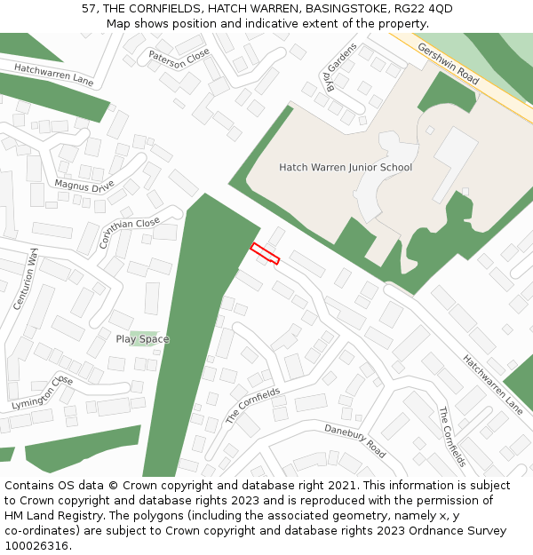 57, THE CORNFIELDS, HATCH WARREN, BASINGSTOKE, RG22 4QD: Location map and indicative extent of plot