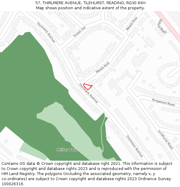 57, THIRLMERE AVENUE, TILEHURST, READING, RG30 6XH: Location map and indicative extent of plot