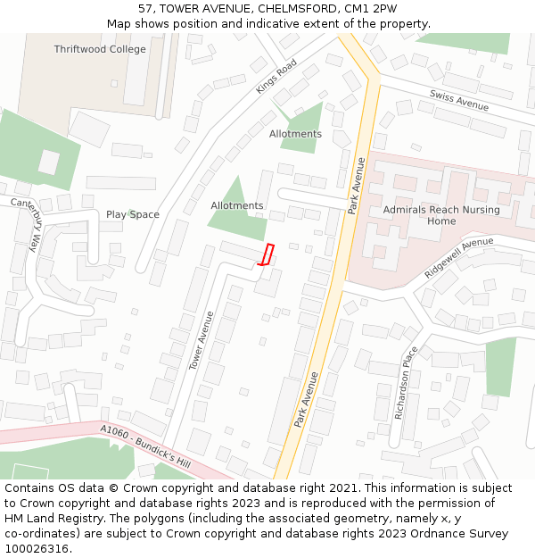 57, TOWER AVENUE, CHELMSFORD, CM1 2PW: Location map and indicative extent of plot