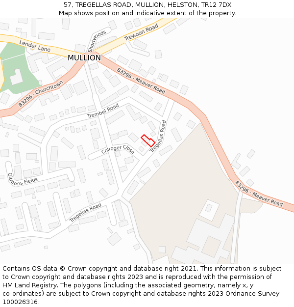 57, TREGELLAS ROAD, MULLION, HELSTON, TR12 7DX: Location map and indicative extent of plot