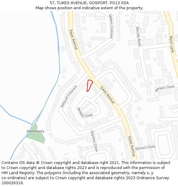 57, TUKES AVENUE, GOSPORT, PO13 0SA: Location map and indicative extent of plot