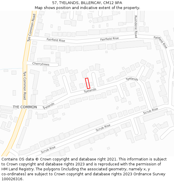 57, TYELANDS, BILLERICAY, CM12 9PA: Location map and indicative extent of plot