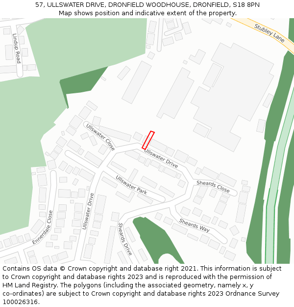 57, ULLSWATER DRIVE, DRONFIELD WOODHOUSE, DRONFIELD, S18 8PN: Location map and indicative extent of plot