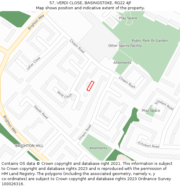 57, VERDI CLOSE, BASINGSTOKE, RG22 4JF: Location map and indicative extent of plot