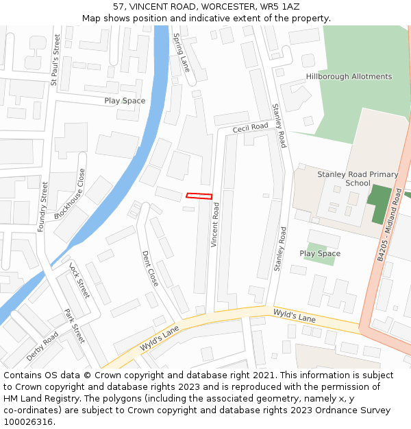 57, VINCENT ROAD, WORCESTER, WR5 1AZ: Location map and indicative extent of plot