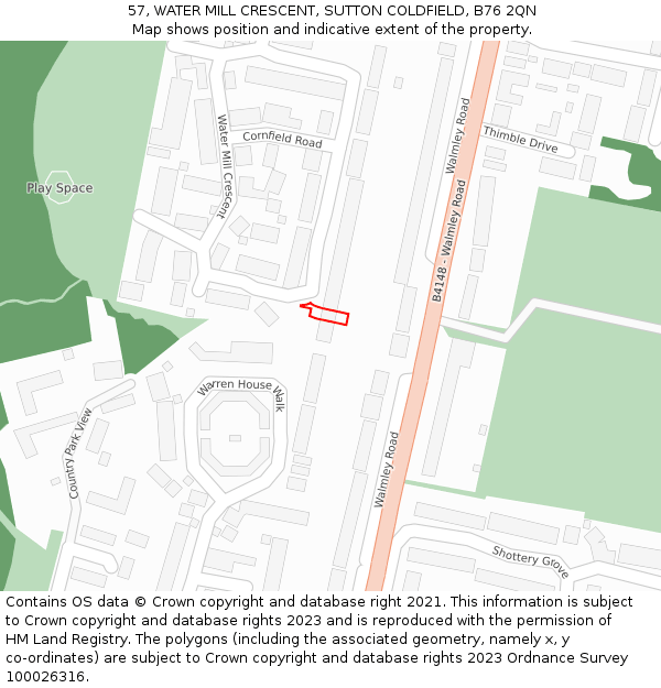 57, WATER MILL CRESCENT, SUTTON COLDFIELD, B76 2QN: Location map and indicative extent of plot