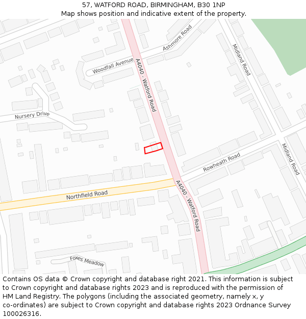 57, WATFORD ROAD, BIRMINGHAM, B30 1NP: Location map and indicative extent of plot