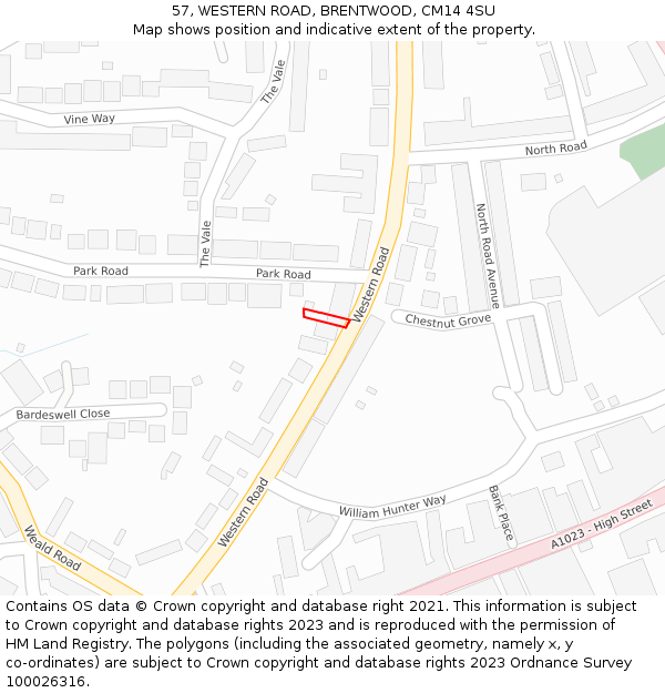 57, WESTERN ROAD, BRENTWOOD, CM14 4SU: Location map and indicative extent of plot