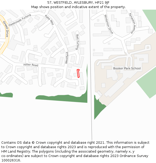 57, WESTFIELD, AYLESBURY, HP21 9JF: Location map and indicative extent of plot