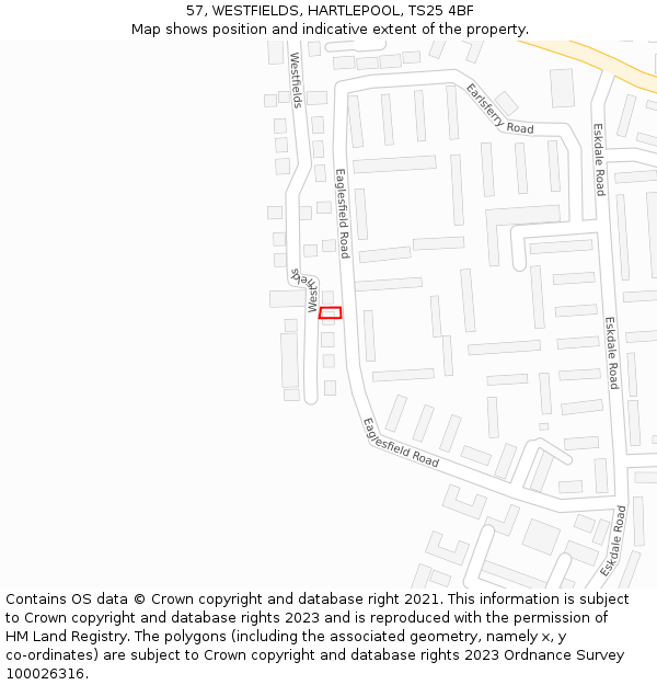 57, WESTFIELDS, HARTLEPOOL, TS25 4BF: Location map and indicative extent of plot