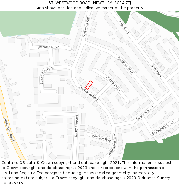 57, WESTWOOD ROAD, NEWBURY, RG14 7TJ: Location map and indicative extent of plot