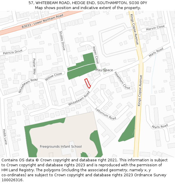 57, WHITEBEAM ROAD, HEDGE END, SOUTHAMPTON, SO30 0PY: Location map and indicative extent of plot