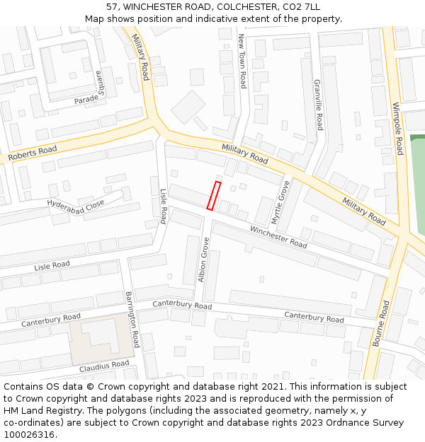 57, WINCHESTER ROAD, COLCHESTER, CO2 7LL: Location map and indicative extent of plot