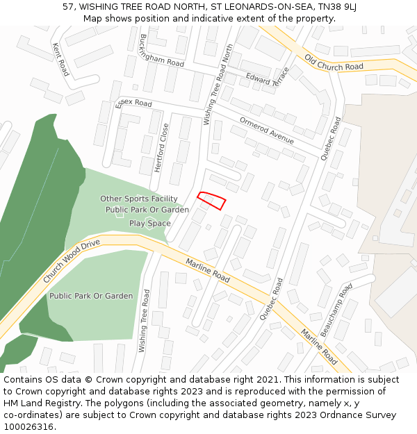 57, WISHING TREE ROAD NORTH, ST LEONARDS-ON-SEA, TN38 9LJ: Location map and indicative extent of plot