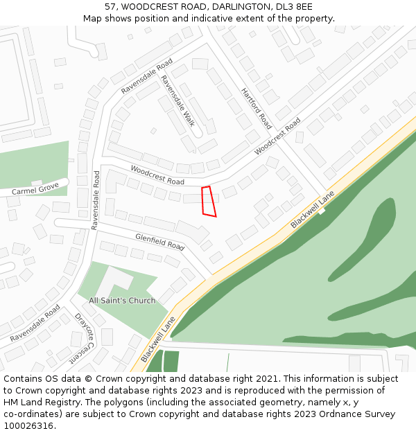 57, WOODCREST ROAD, DARLINGTON, DL3 8EE: Location map and indicative extent of plot