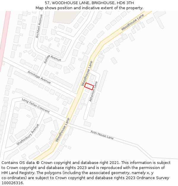 57, WOODHOUSE LANE, BRIGHOUSE, HD6 3TH: Location map and indicative extent of plot