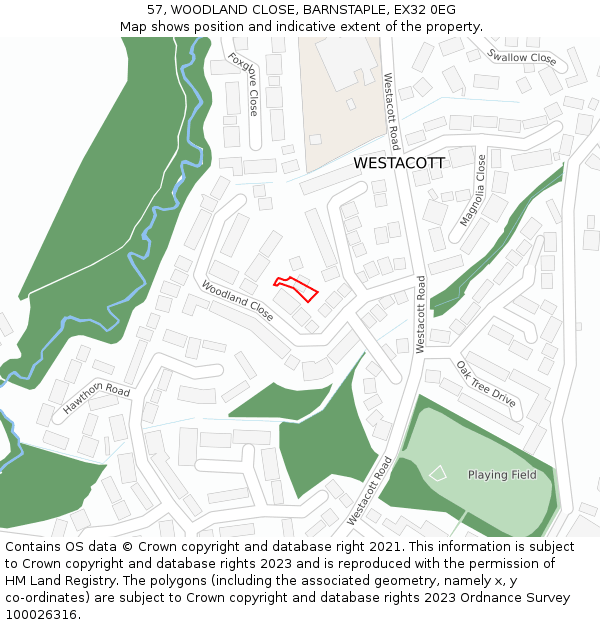 57, WOODLAND CLOSE, BARNSTAPLE, EX32 0EG: Location map and indicative extent of plot