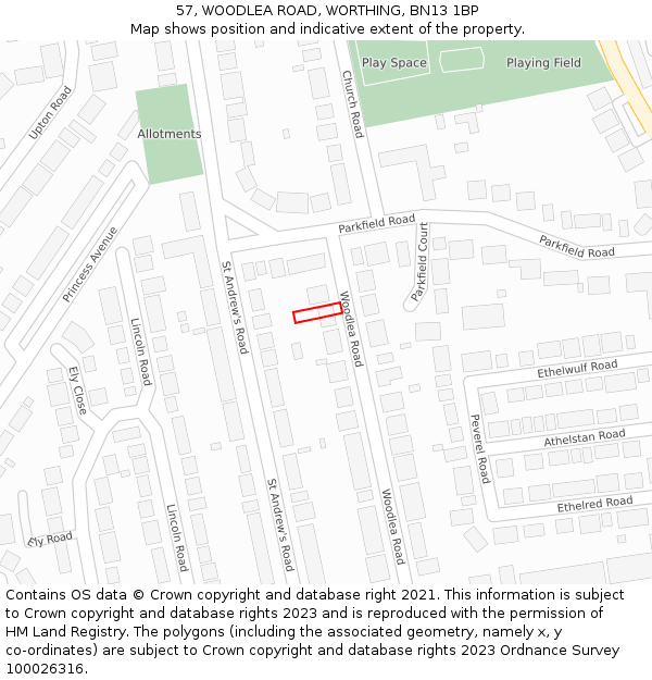 57, WOODLEA ROAD, WORTHING, BN13 1BP: Location map and indicative extent of plot