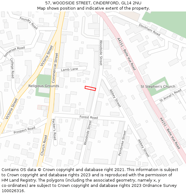 57, WOODSIDE STREET, CINDERFORD, GL14 2NU: Location map and indicative extent of plot
