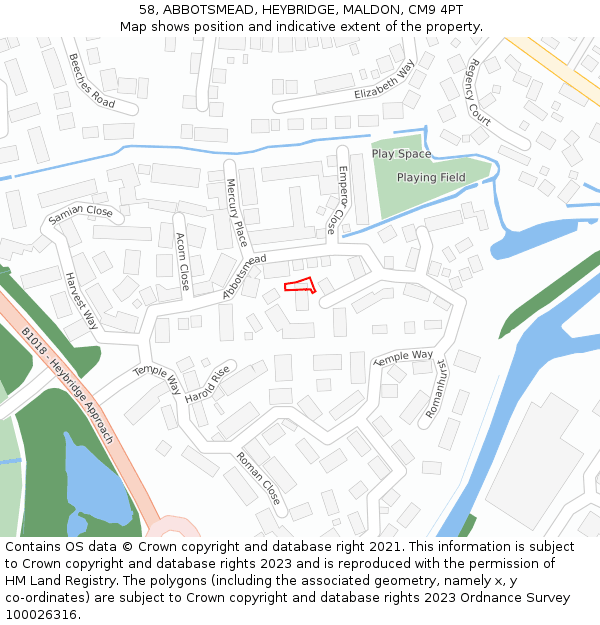 58, ABBOTSMEAD, HEYBRIDGE, MALDON, CM9 4PT: Location map and indicative extent of plot