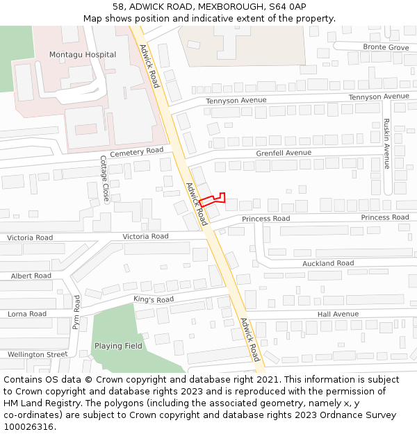 58, ADWICK ROAD, MEXBOROUGH, S64 0AP: Location map and indicative extent of plot