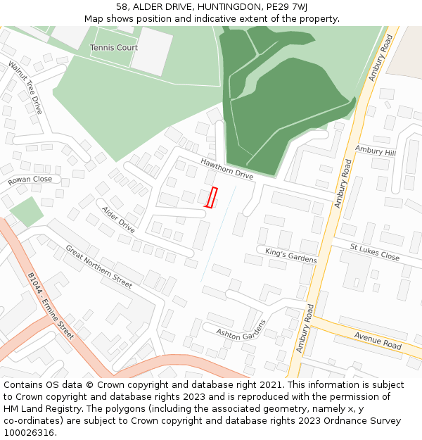 58, ALDER DRIVE, HUNTINGDON, PE29 7WJ: Location map and indicative extent of plot