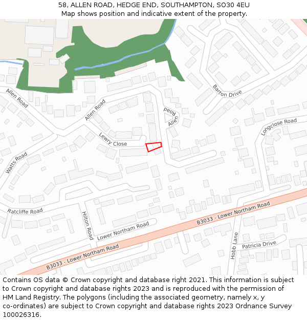 58, ALLEN ROAD, HEDGE END, SOUTHAMPTON, SO30 4EU: Location map and indicative extent of plot