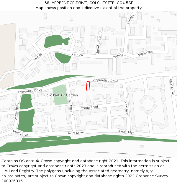58, APPRENTICE DRIVE, COLCHESTER, CO4 5SE: Location map and indicative extent of plot